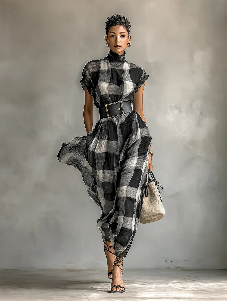 Women's Plaid Chiffon High Collar Short Sleeve Belt Maxi Dress