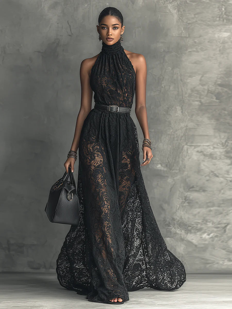 Ladies Lace High Collar Sleeveless Belted Maxi Dress