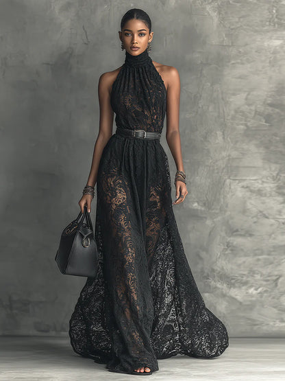 Ladies Lace High Collar Sleeveless Belted Maxi Dress