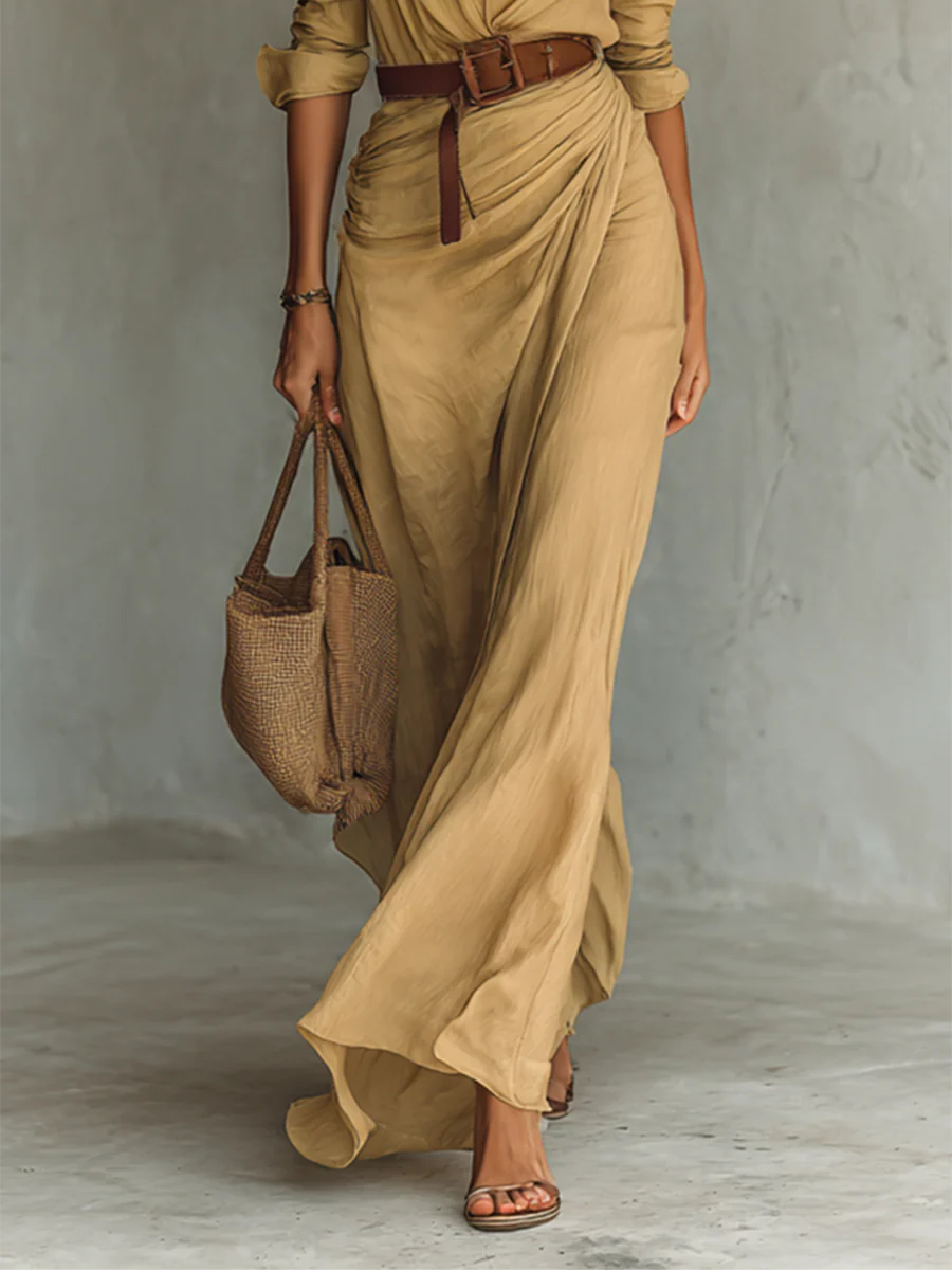 Ladies Lapel Single Breasted Long Sleeve Belted Maxi