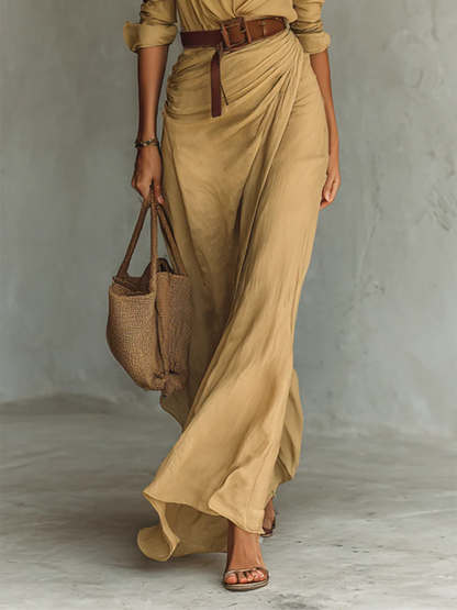 Ladies Lapel Single Breasted Long Sleeve Belted Maxi