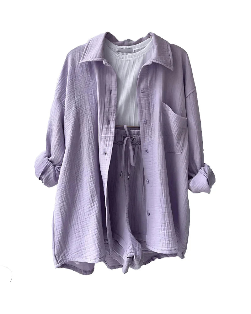 Maylee Cotton Button-Up Shorts Set