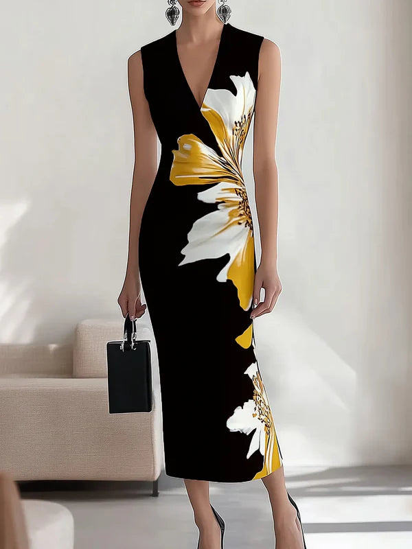 Navy V-Neck Sleeveless Floral Dress