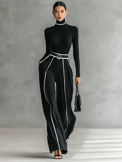 Women's White Trimmed Turtleneck Long Sleeve Top Wide Leg Pants Belt Two-Piece Set