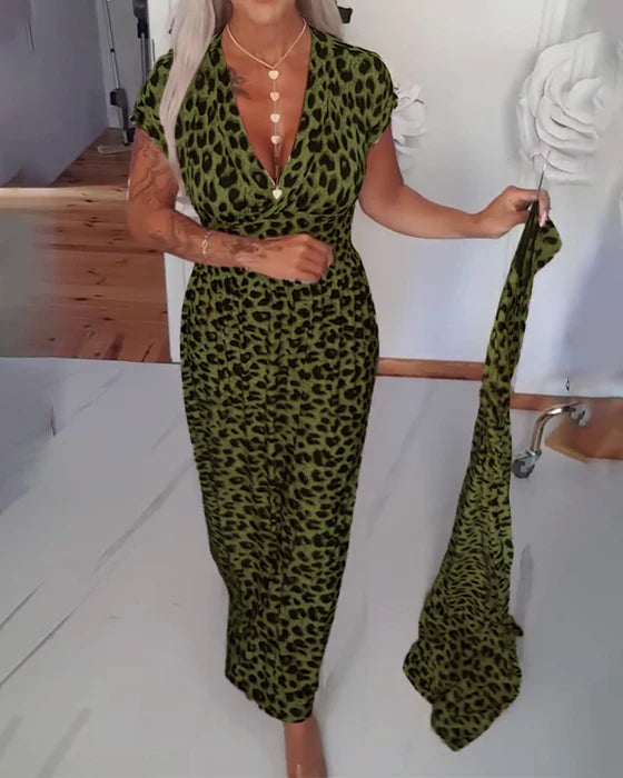 Leopard Print V-Neck Elegant Dress
