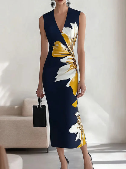 Navy V-Neck Sleeveless Floral Dress