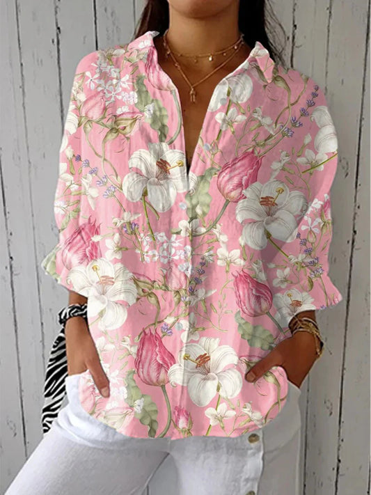 Women's Vintage Floral Art Print Casual Linen V-neck Shirt