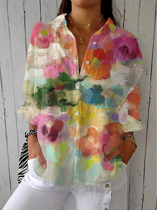 Women's Vintage Flowers Art Print Casual Linen V-neck Shirt
