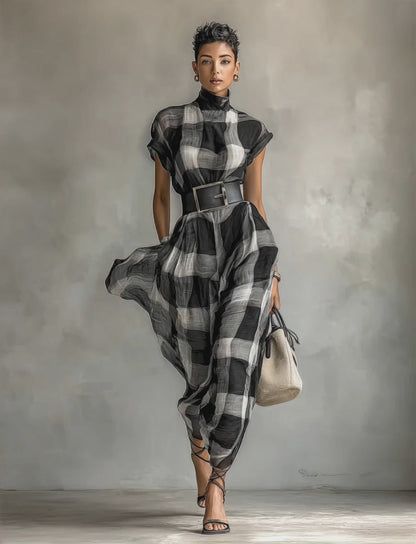 Women's Plaid Chiffon High Collar Short Sleeve Belt Maxi Dress