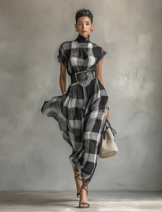 Women's Plaid Chiffon High Collar Short Sleeve Belt Maxi Dress