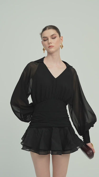 Solid Lantern Sleeve Mini Dress İn Black