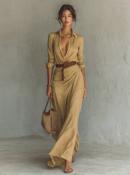 Ladies Lapel Single Breasted Long Sleeve Belted Maxi