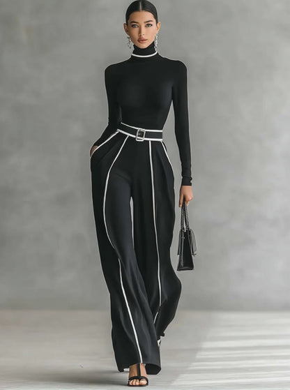 Women's White Trimmed Turtleneck Long Sleeve Top Wide Leg Pants Belt Two-Piece Set