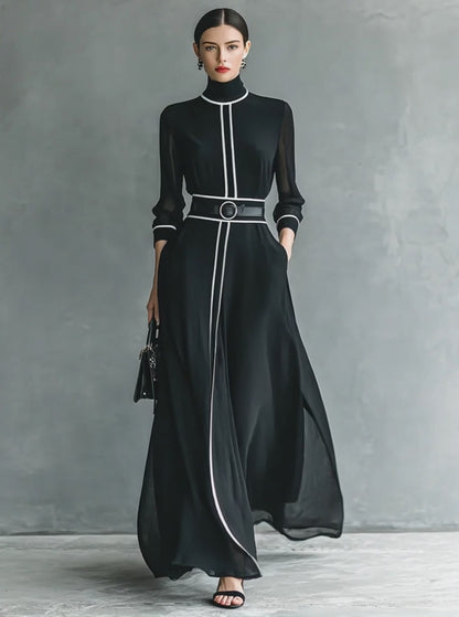 Women's Chiffon White Trim High Collar Long Sleeve Belt Maxi Dress